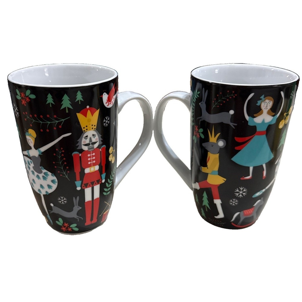 Lot 2 Tall Nutcracker Theme Black Long Handled Mugs Clara Prince Rat King Fairy